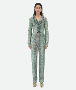 Bottega Veneta Cotton Check Jacket With Fringes Acqua/black/burgundy Clearance