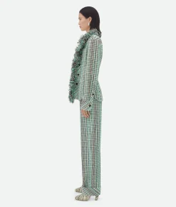Bottega Veneta Cotton Check Jacket With Fringes Acqua/black/burgundy Clearance