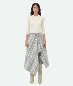 Bottega Veneta Cotton Check Wrapped Skirt White/peacock/butter Best