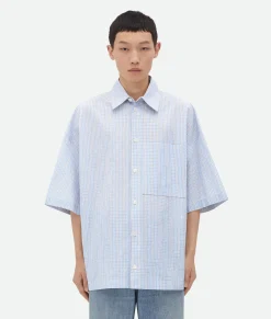 Bottega Veneta Cotton Linen Check Overshirt With "BV" Embroidery Pale blue/burgundy Outlet