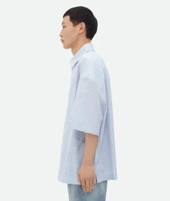 Bottega Veneta Cotton Linen Check Overshirt With "BV" Embroidery Pale blue/burgundy Outlet