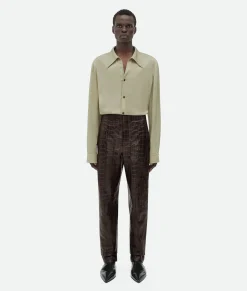 Bottega Veneta Crocodile-Effect Leather Pants Cobblestone Online