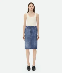 Bottega Veneta Denim Printed Silk And Viscose Midi Skirt Indigo New