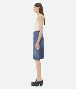 Bottega Veneta Denim Printed Silk And Viscose Midi Skirt Indigo New
