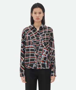 Bottega Veneta Distorted Check Printed Silk Shirt Black/blue/red Hot