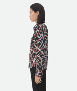 Bottega Veneta Distorted Check Printed Silk Shirt Black/blue/red Hot