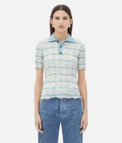 Bottega Veneta Distorted Stripe Cotton Polo Chalk/river