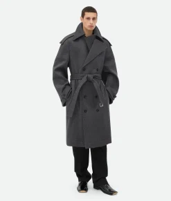 Bottega Veneta Double Face Wool Trench Coat Charcoal melange Online