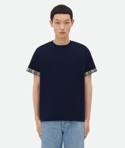 Bottega Veneta Double Layer Checked Cotton T-Shirt Navy/fondant/dove Online