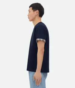 Bottega Veneta Double Layer Checked Cotton T-Shirt Navy/fondant/dove Online