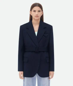 Bottega Veneta Double Wool Cashmere Belted Jacket Navy Clearance