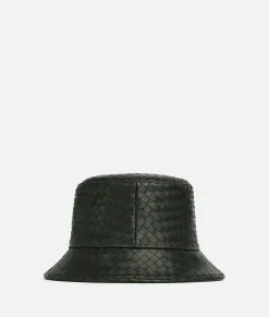 Bottega Veneta Intrecciato Leather Bucket Hat Dark green Online