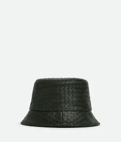Bottega Veneta Intrecciato Leather Bucket Hat Dark green Online