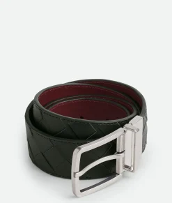 Bottega Veneta Intrecciato Reversible Belt Dark green / Barolo Clearance