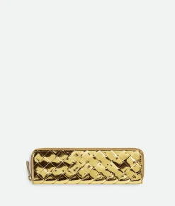 Bottega Veneta Intrecciato Slim Pencil Case Gold Clearance