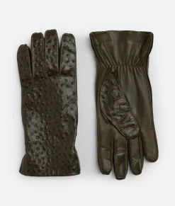 Bottega Veneta Ostrich-Effect Leather Gloves Seaweed Best