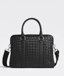 Bottega Veneta Slim Intrecciato Briefcase Black New