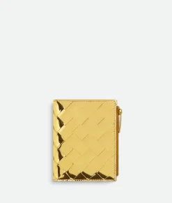 Bottega Veneta Small Intrecciato Bi-Fold Zip Wallet Gold