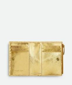 Bottega Veneta Small Intrecciato Bi-Fold Zip Wallet Gold