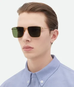 Bottega Veneta Ultrathin Metal Rectangular Sunglasses Gold / Green Outlet